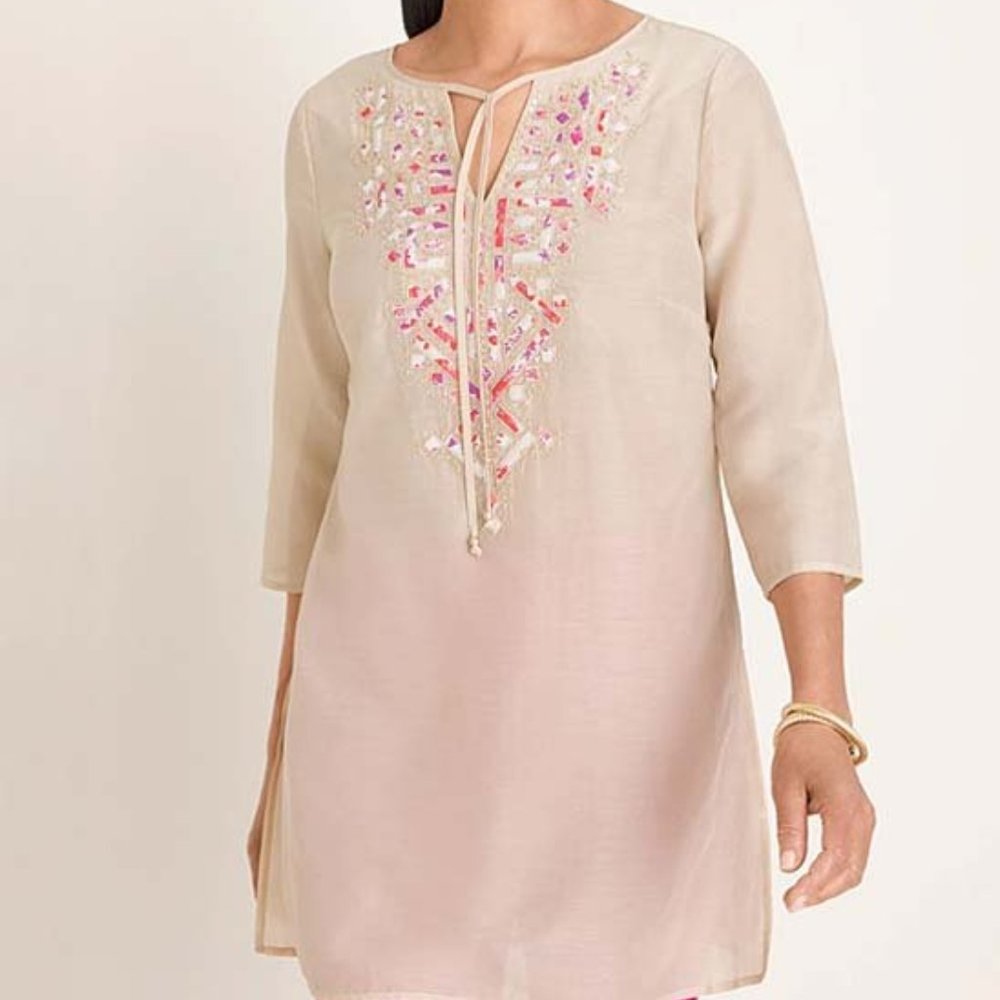 NEW Chico's Silk Cotton Embellished sheer TUNIC sz 0 Small  Tan Pink Resort